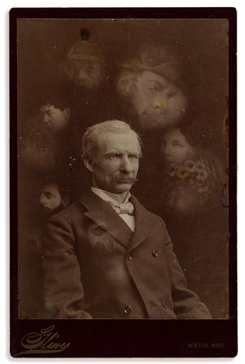 (SPIRITUALISM) Four spirit photograph cabinet cards depicting sitters among shrouds of floating photographic souls.